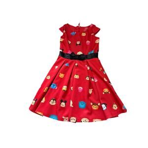 Disney Tsum Tsum Girls Red Pleated Skater Dress Black Bow Cap Sleeve Sz XS 4-5